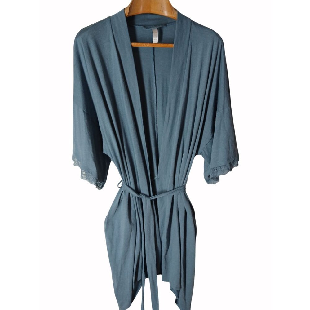 Cacique Sleep Womens Blue Kimono Robe With Lace Trim Adjustable Waist Tie Size 2 - Picture 2 of 16